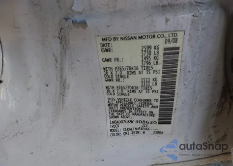 2009 Nissan Frontier Se z USA, uszkodzony, nr VIN 1N6AD07U89C408630